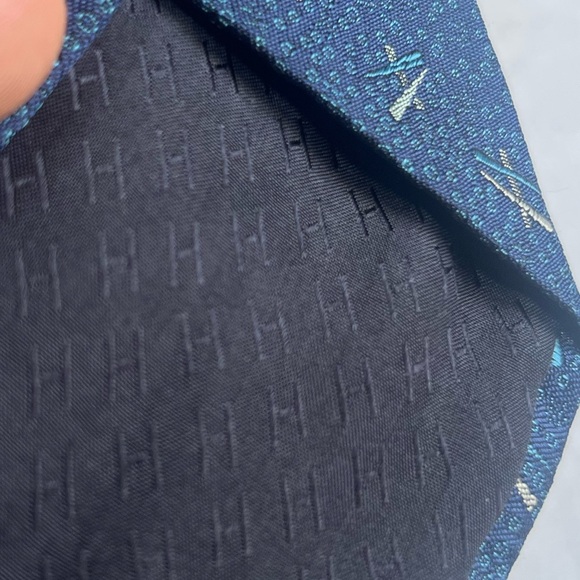HERMES H pattern navy blue 100% Silk Logo Men's tie - Picture 4 of 9